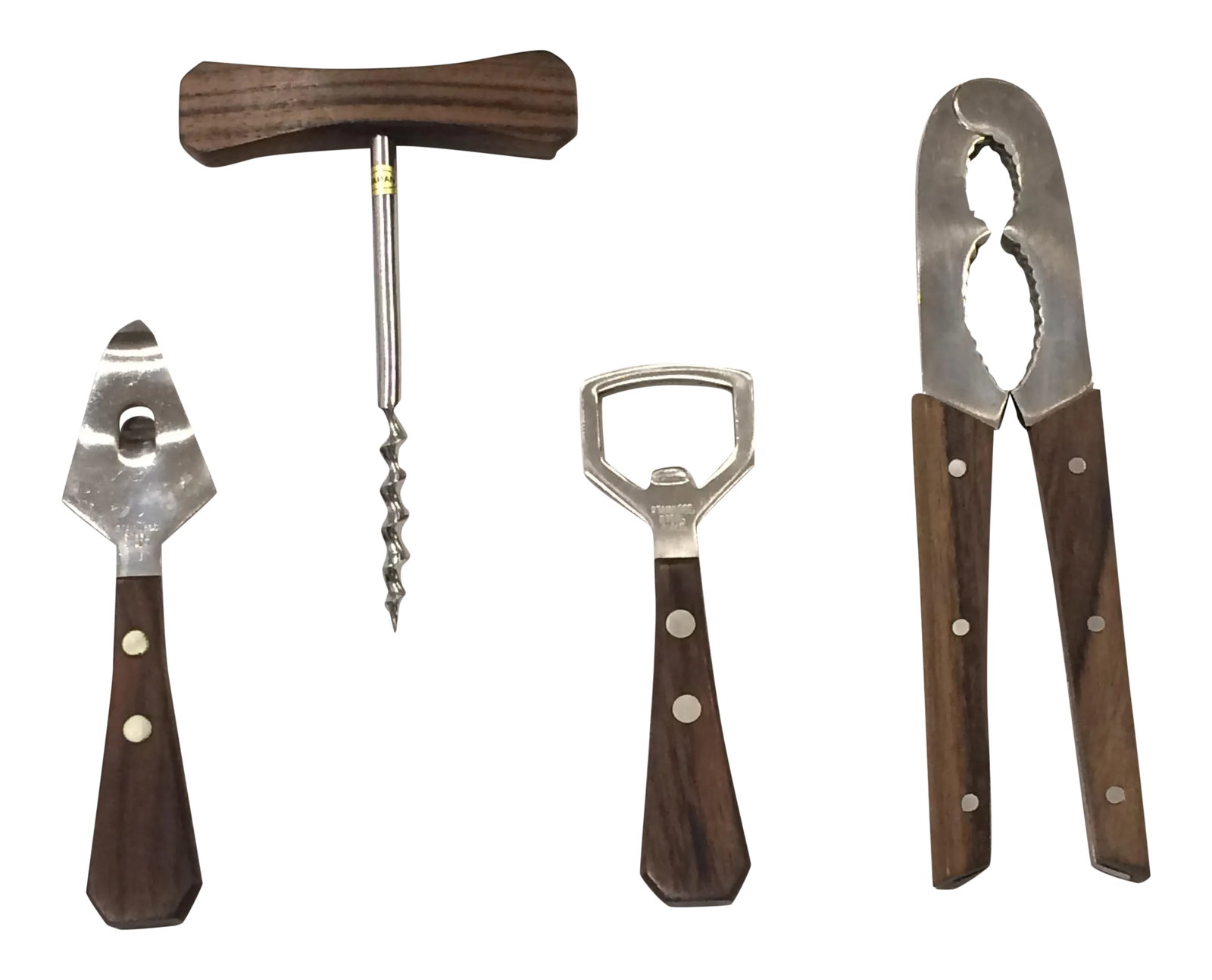 Mid-Century Modern Stainless Steel and Rosewood Bar Tools - Set of 4: Mid-century modern 4 piece bar set stainless steel and rosewood handles in original box made in Japan Items feature Rosewood wood handles fastened by two brass rivets, each piece is marked "Stainless