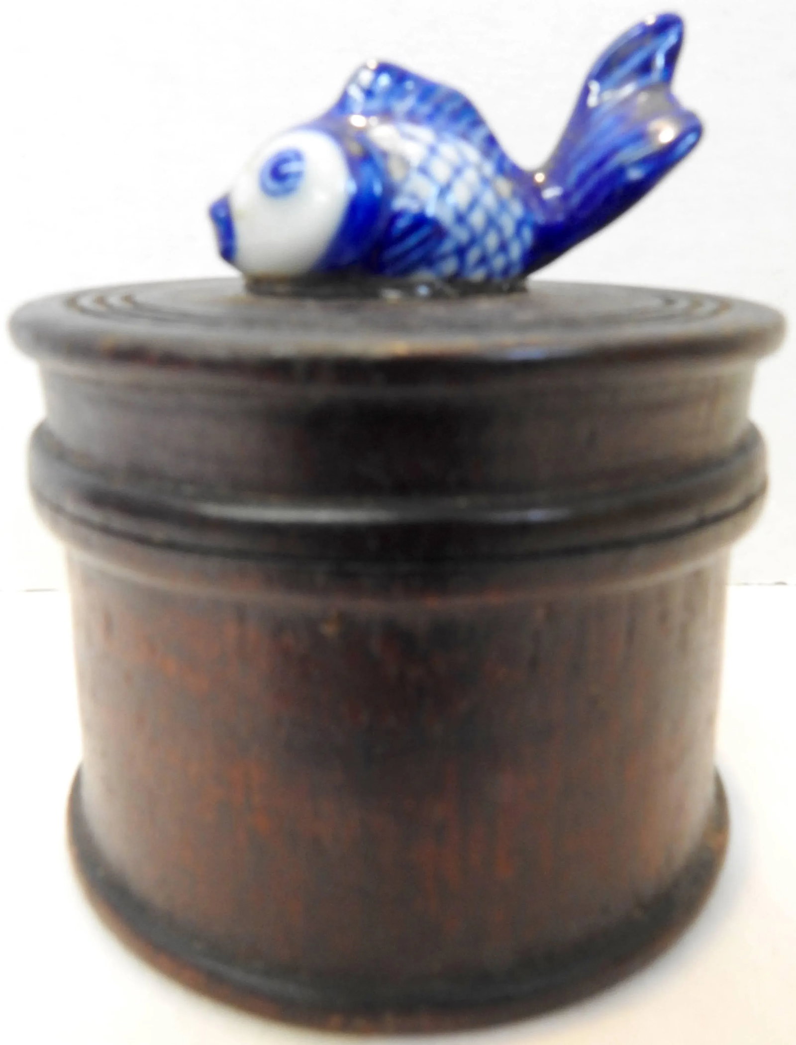 Round Wooden Box With Porcelain Koi Fish on Lid - 2