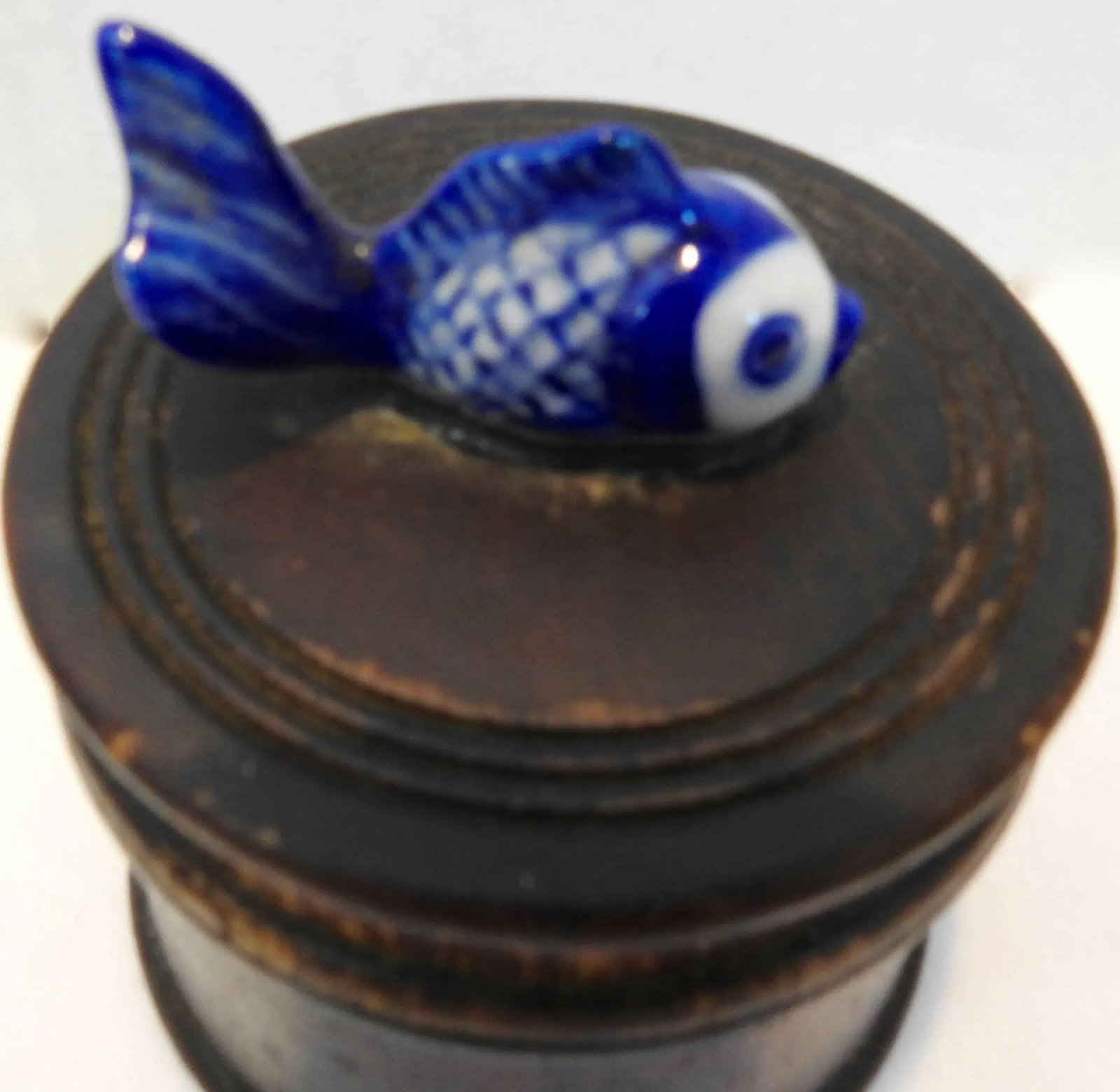 Round Wooden Box With Porcelain Koi Fish on Lid - 5