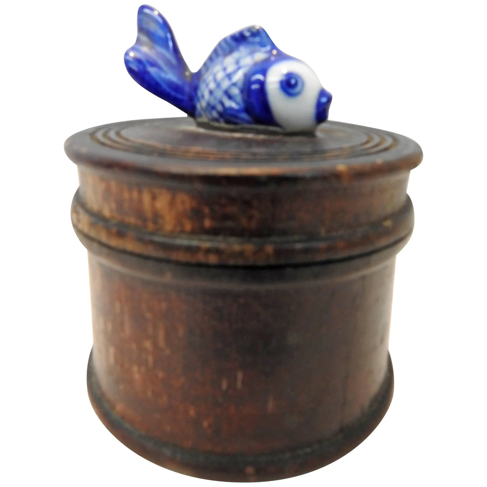 Round Wooden Box With Porcelain Koi Fish on Lid - 8