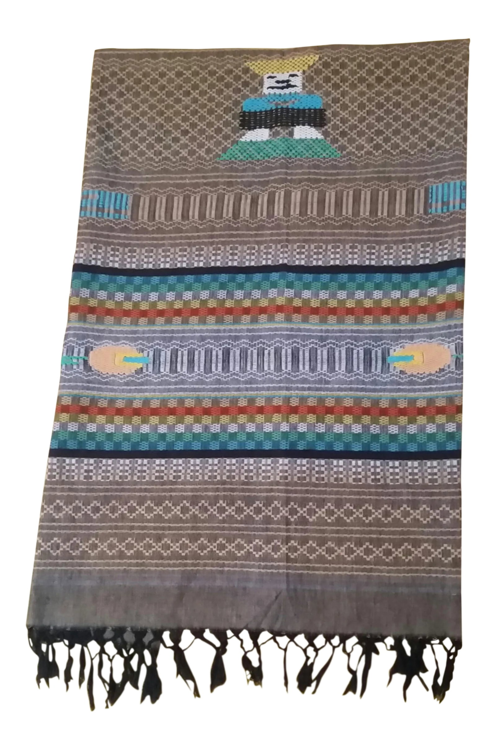 1950s Vintage Guatemalan Hand Loomed Cotton Throw: Here's a beautiful hand loomed cotton and wool throw that was made for the tourist trade in the Post WWII years. This features an embroidered wool native in the center with bright bands of color and w