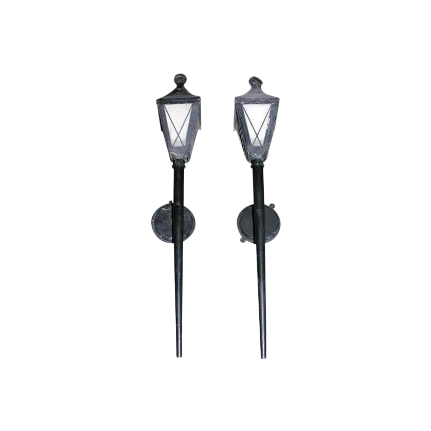 French 1930s Lantern Sconces - a Pair: Whimsical black painted metal sconces. Condition: Alterations: Original Design Modified Imperfections: Some Imperfections Condition Notes: Refinished in flat black. Photos are pre-refinishing.