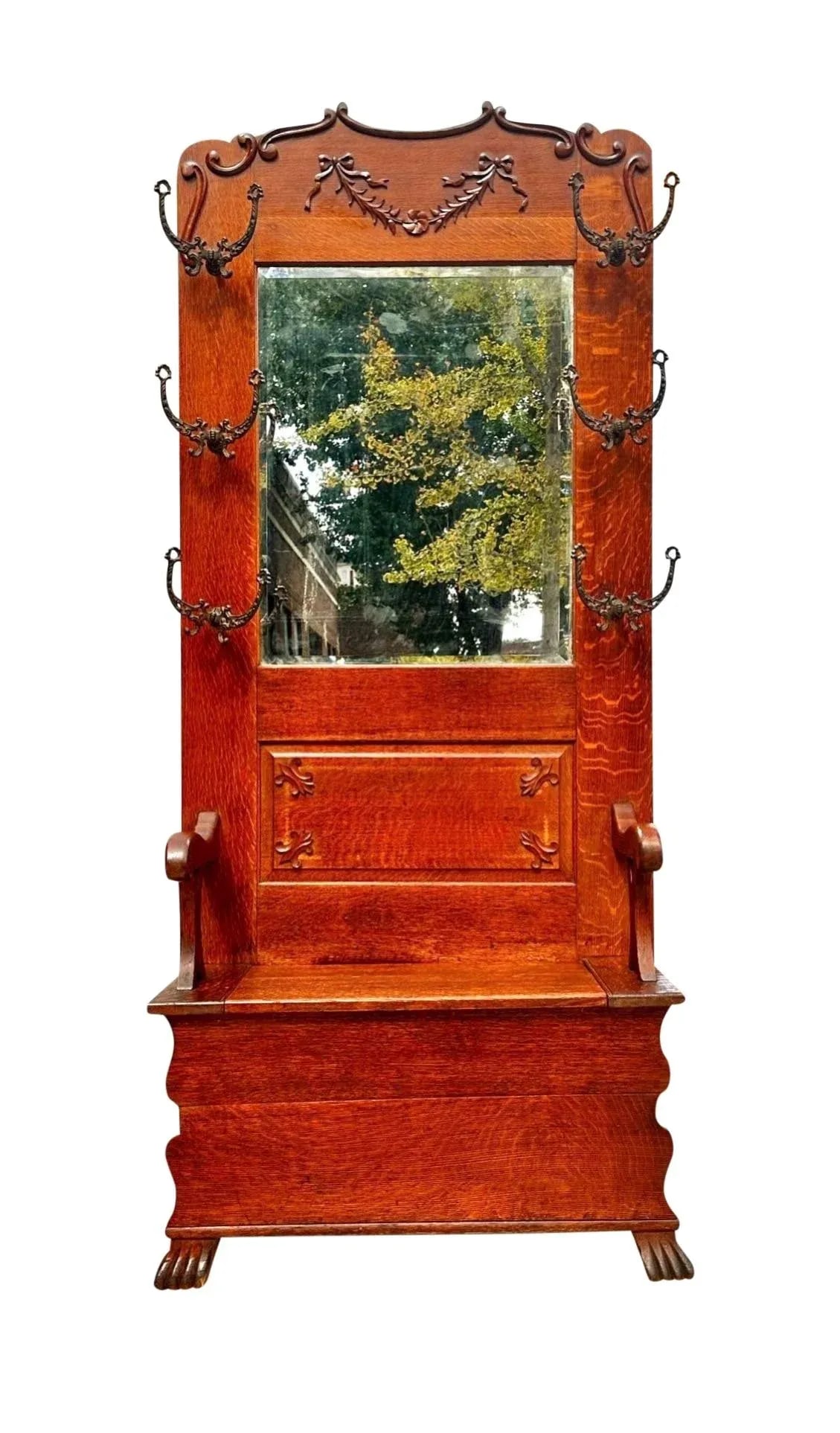 Late 19th Century Antique Victorian Tiger Oak Hall Tree With Ribbon Carved Crest & Beveled Mirror - 2