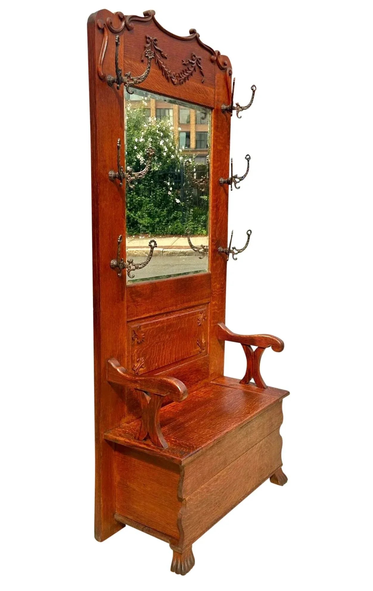 Late 19th Century Antique Victorian Tiger Oak Hall Tree With Ribbon Carved Crest & Beveled Mirror - 3