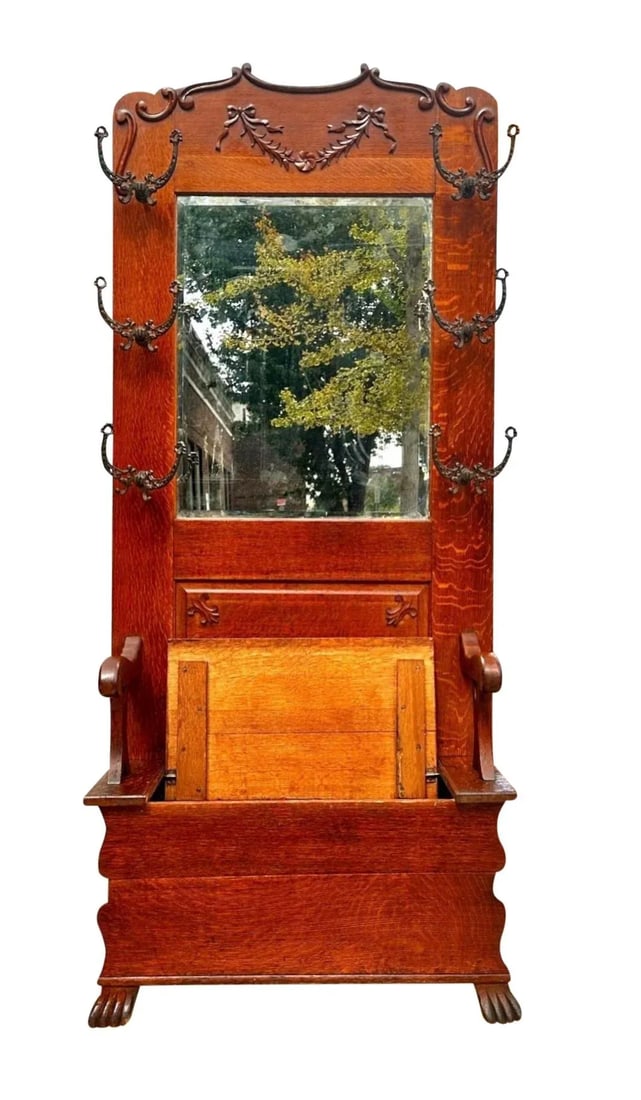 Late 19th Century Antique Victorian Tiger Oak Hall Tree With Ribbon Carved Crest & Beveled Mirror - 4