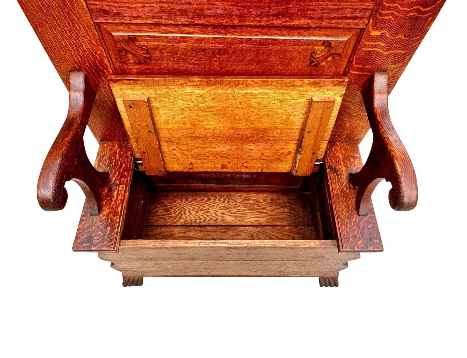 Late 19th Century Antique Victorian Tiger Oak Hall Tree With Ribbon Carved Crest & Beveled Mirror - 5