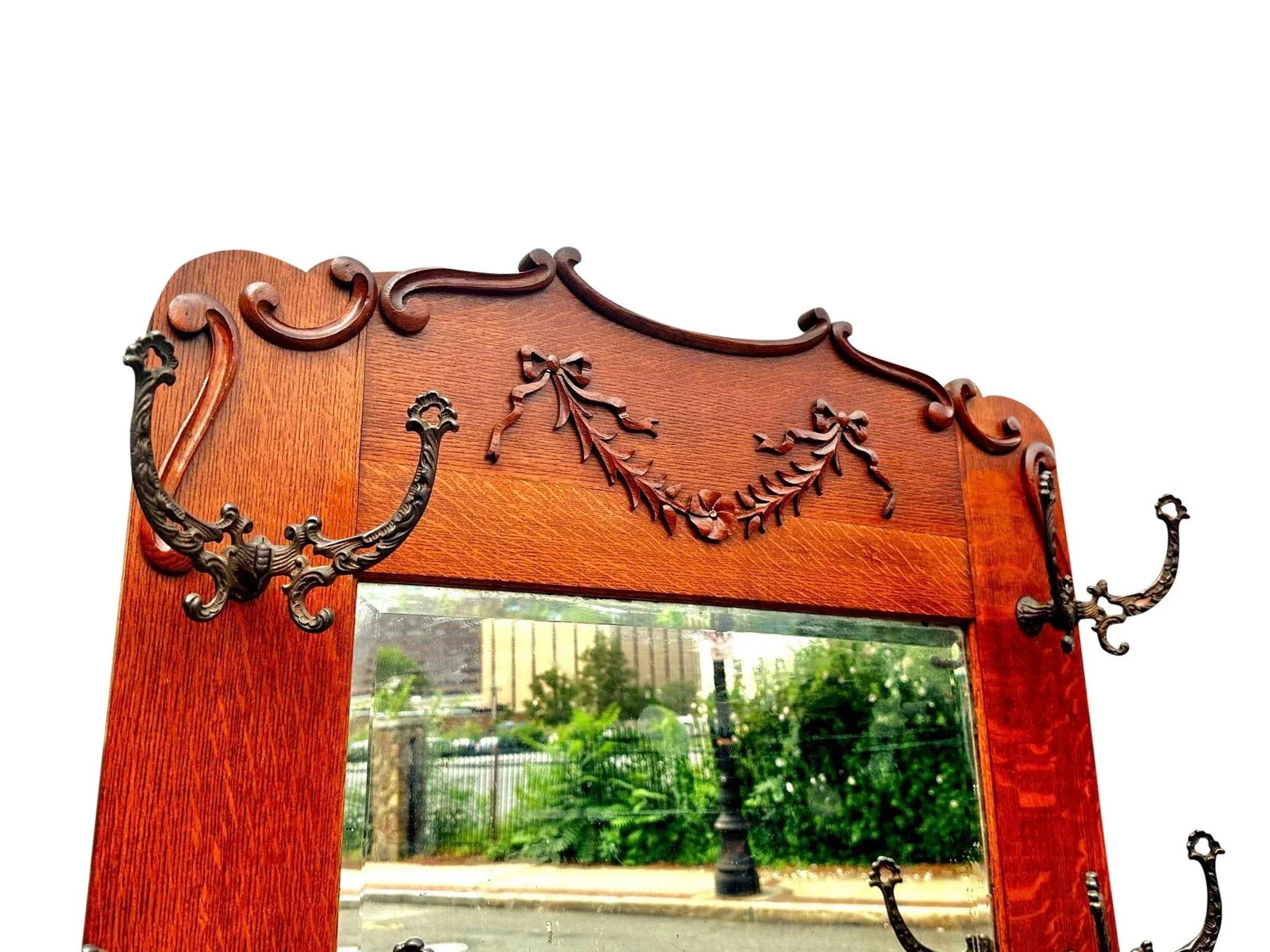 Late 19th Century Antique Victorian Tiger Oak Hall Tree With Ribbon Carved Crest & Beveled Mirror - 6