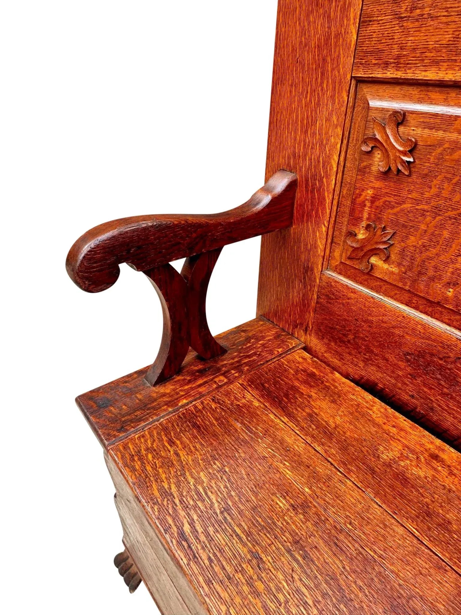 Late 19th Century Antique Victorian Tiger Oak Hall Tree With Ribbon Carved Crest & Beveled Mirror - 8