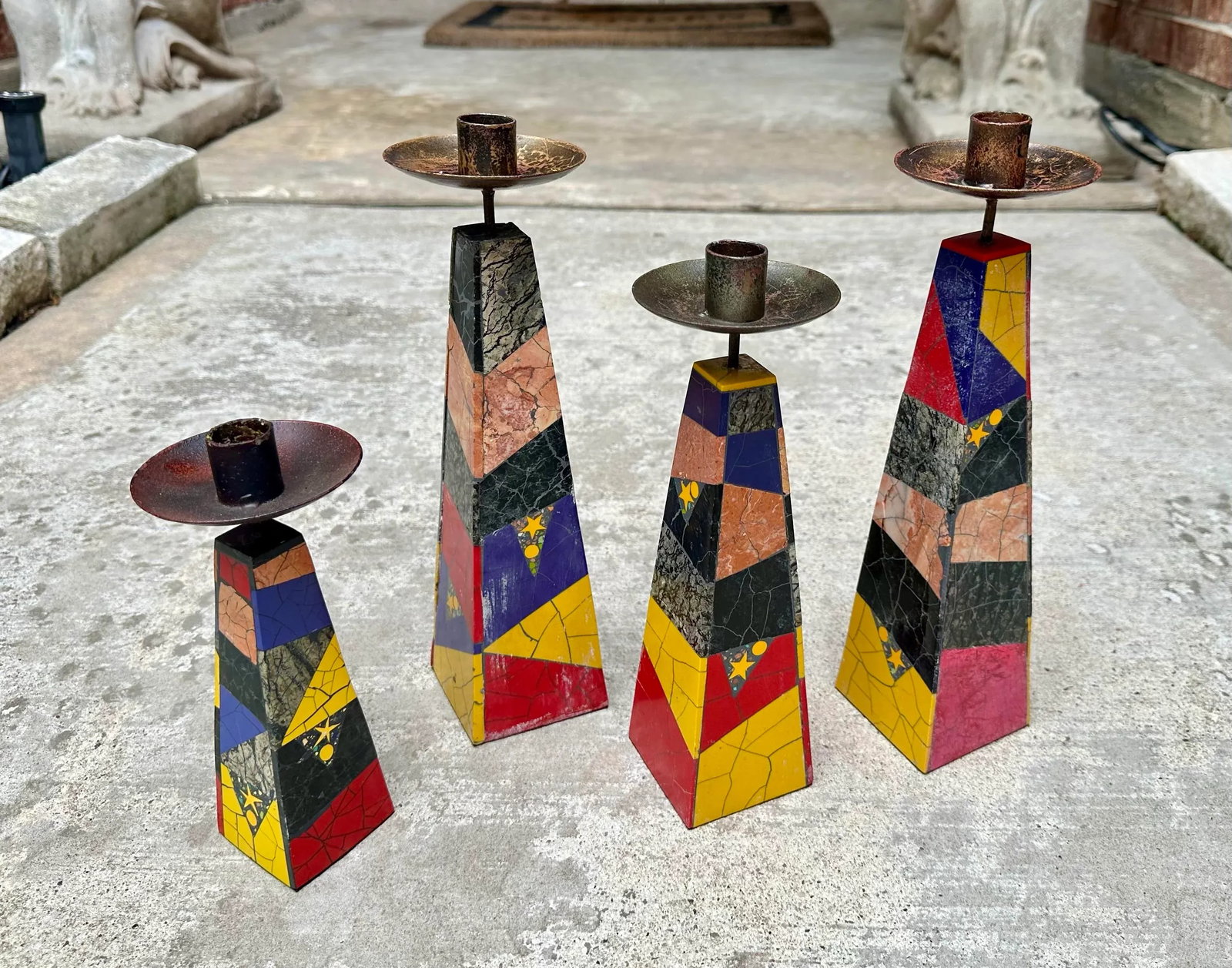 1980's Peter Max Inlaid Marble Candlesticks -Set of 4 - 3