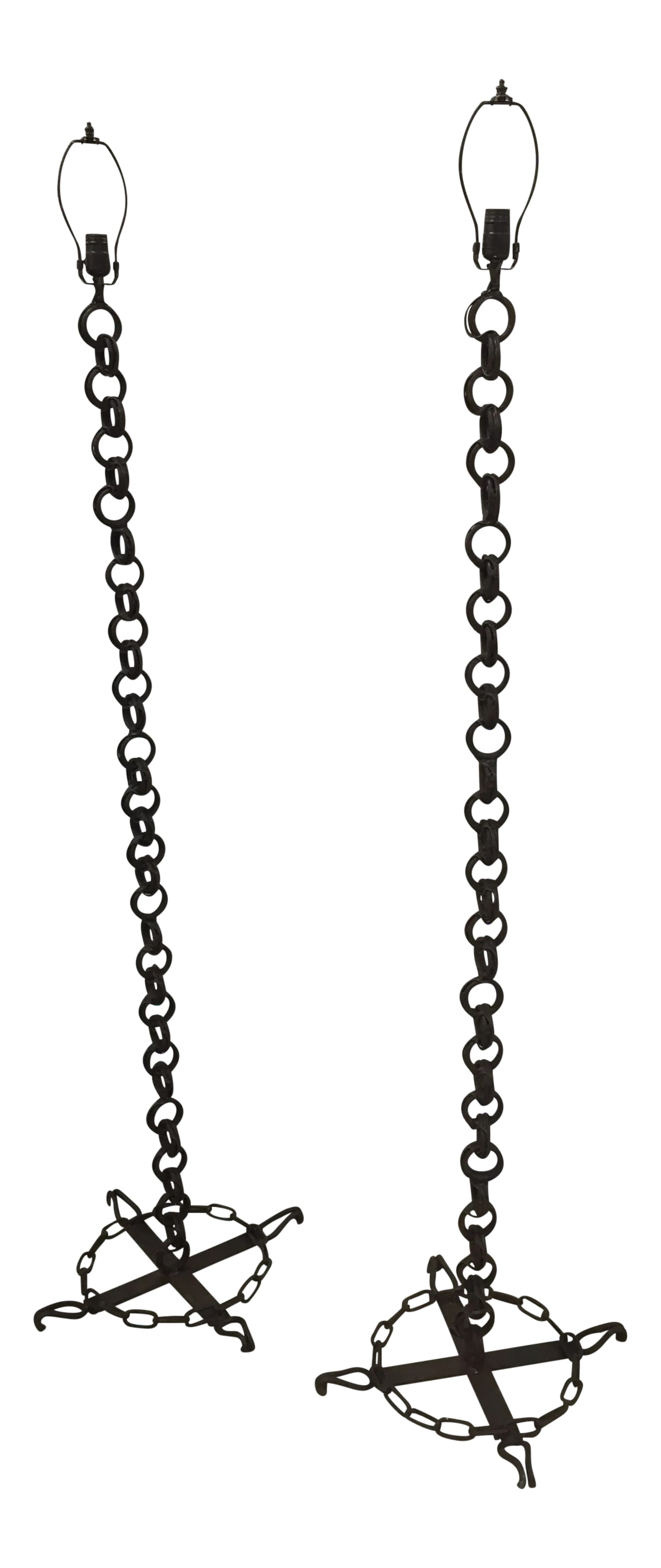 Pair of Vintage Double Link Iron Floor Lamps: Pair of vintage custom made double link iron floor lamps. These lamps were custom crafted from old chains. Each individual link was been welded together to form a solid continuous link. The industrial