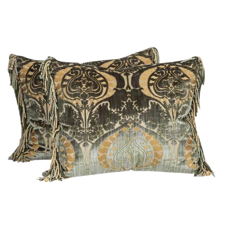 Traditional Luigi Bevilacqua Silk Velvet Pillows - a Pair: Pair of Luigi Bevilacqua silk velvet pillows with silk trim and silk velvet backing in golds and greens. Featuring Janet Yonati silk velvet backing and trim. Luigi Bevilacquat is the official fabric m