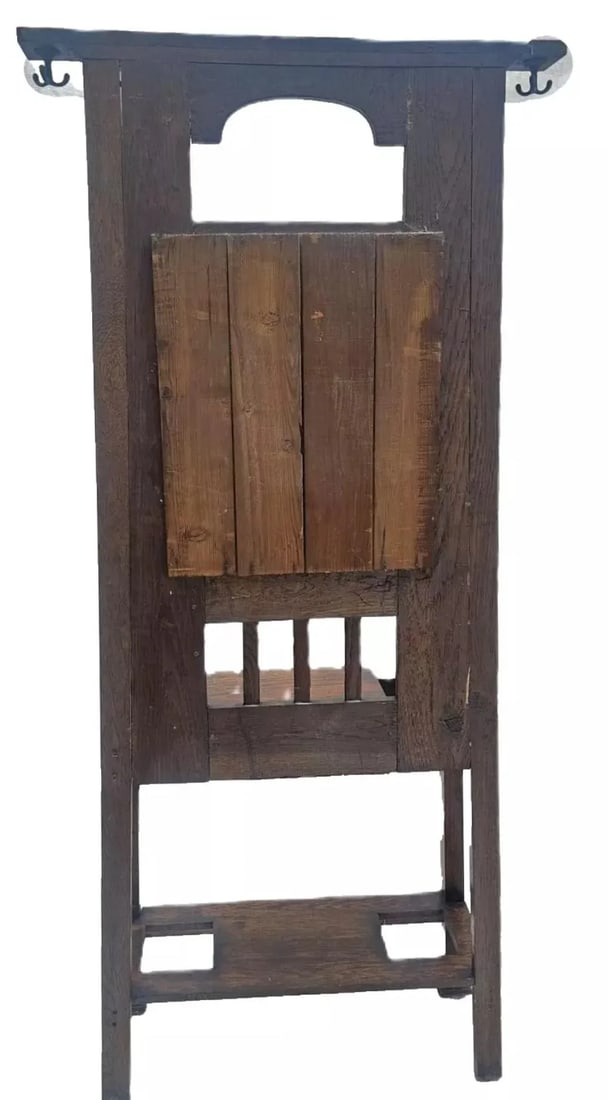 Antique 1910s Arts & Crafts Mission Oak Hall Tree Hooks, Mirror & Umbrella Stand - 13
