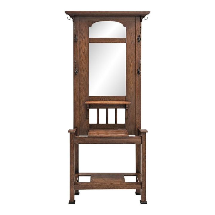Antique 1910s Arts & Crafts Mission Oak Hall Tree Hooks, Mirror & Umbrella Stand: Discover the timeless elegance of this meticulously crafted Arts and Crafts Mission style oak hall tree. Dating back to the 1910s, this exquisite piece exudes both beauty and quality, making it a
