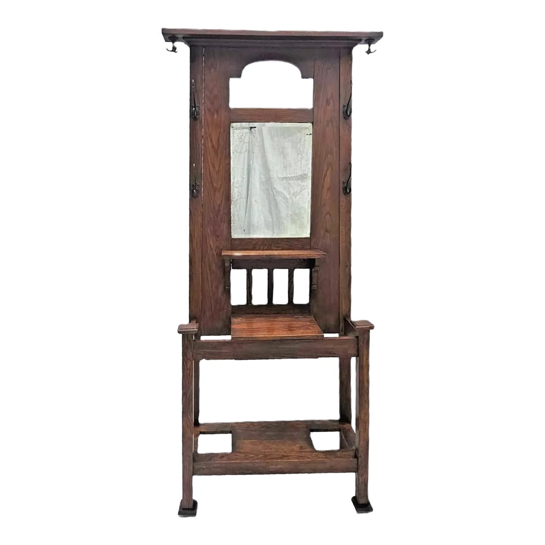 Antique 1910s Arts & Crafts Mission Oak Hall Tree Hooks, Mirror & Umbrella Stand - 2