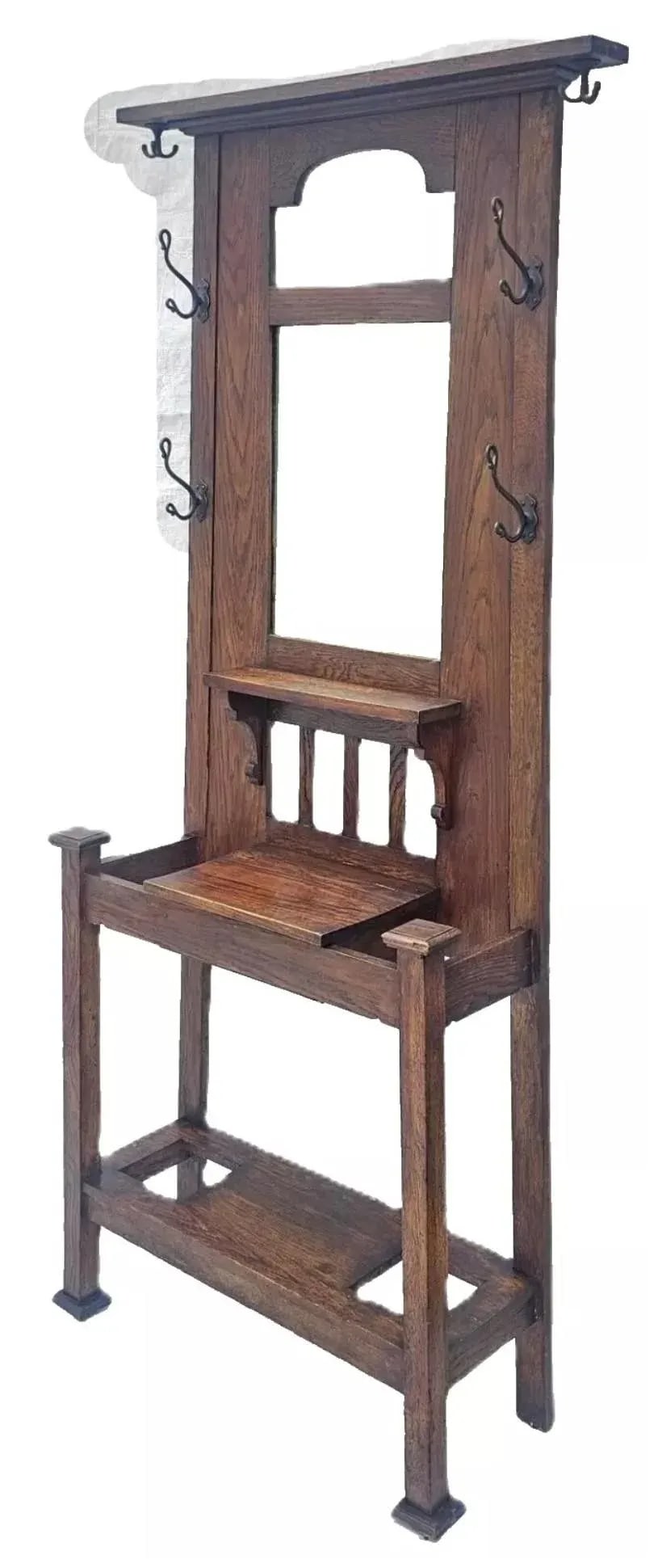 Antique 1910s Arts & Crafts Mission Oak Hall Tree Hooks, Mirror & Umbrella Stand - 3