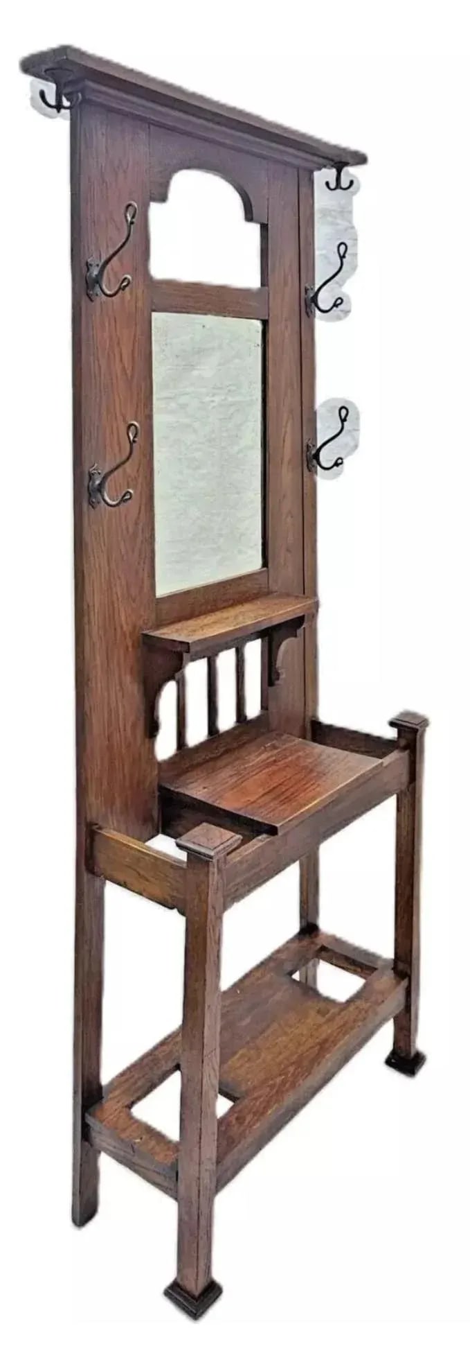 Antique 1910s Arts & Crafts Mission Oak Hall Tree Hooks, Mirror & Umbrella Stand - 4