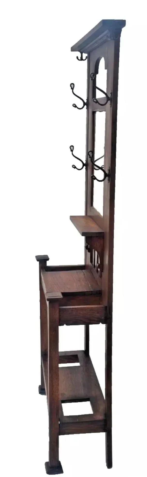 Antique 1910s Arts & Crafts Mission Oak Hall Tree Hooks, Mirror & Umbrella Stand - 5