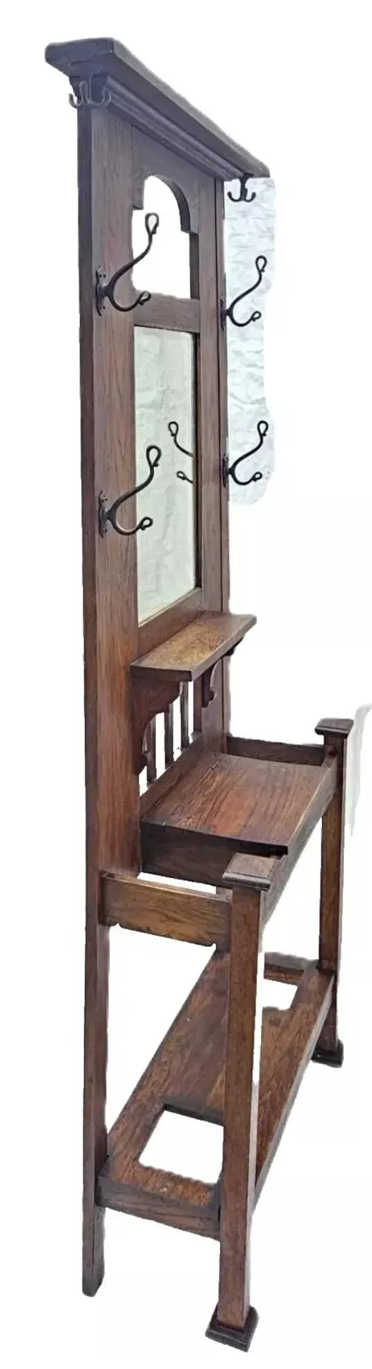Antique 1910s Arts & Crafts Mission Oak Hall Tree Hooks, Mirror & Umbrella Stand - 6