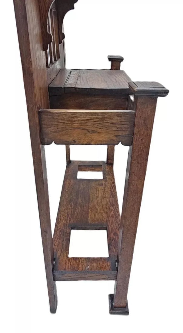 Antique 1910s Arts & Crafts Mission Oak Hall Tree Hooks, Mirror & Umbrella Stand - 8