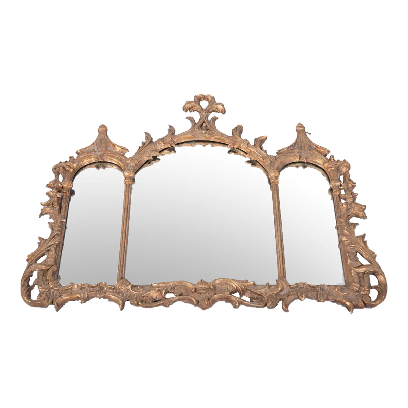 1960s Chinese Chippendale Style Pagoda Gold Leaf Metal Mirror: Chinese Chippendale Style Three Panel Pagoda Gold Leaf Mirror This is Heavy Metal side mirrors 5 1/2in wide middle mirror 14 1/4. Dimensions 27 x 32 in Condition: Alterations: Original Condition Unalt