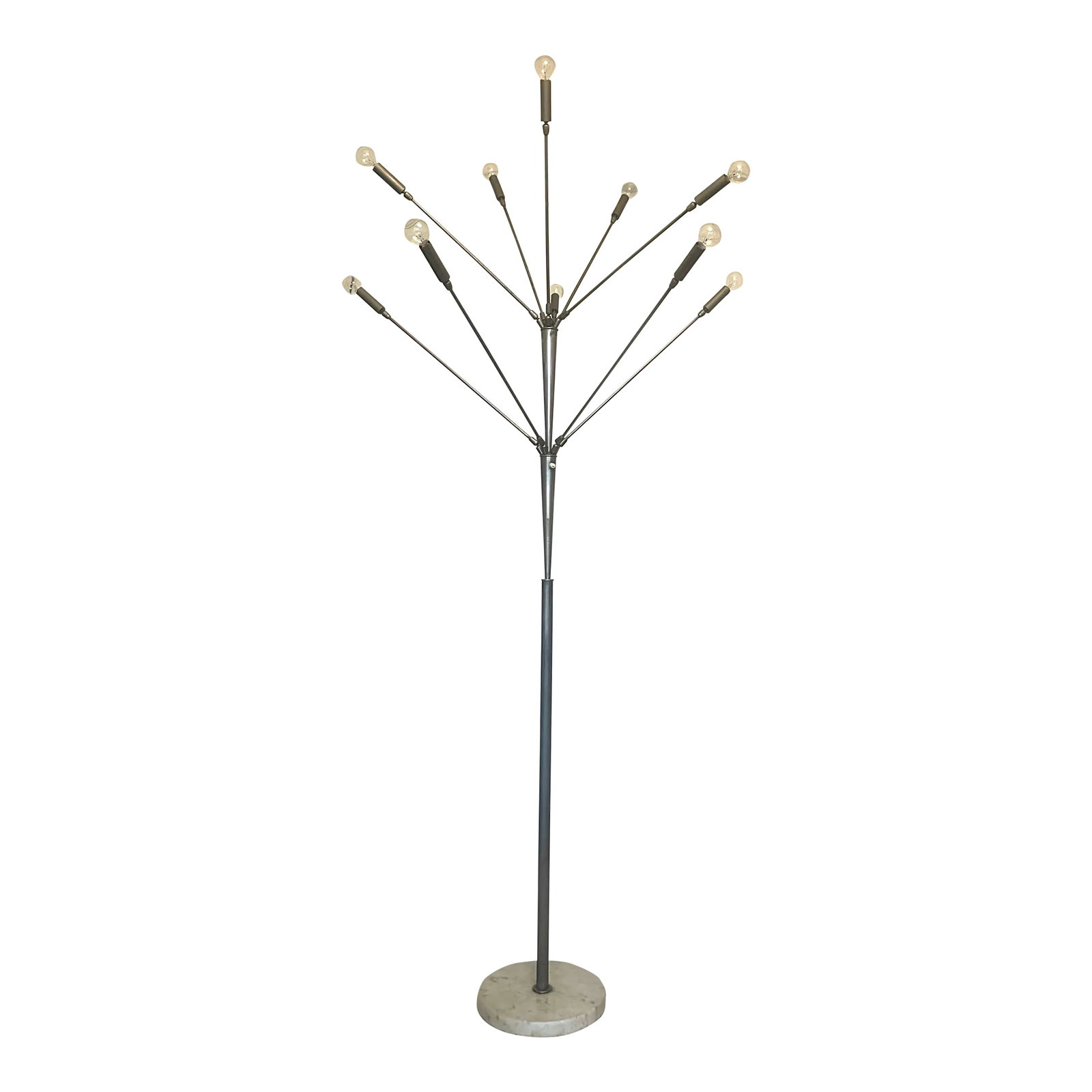 1950s Sputnik Floor Lamp With Marble Base Mid-Century Modern Italian Stilnovo: A 10 light Italian Stilnovo floor lamp on marble base, articulating heads and moveable arms Mid-Century Modern Sputnik design, featuring a grand bouquet of arms emanating from an upper and lower