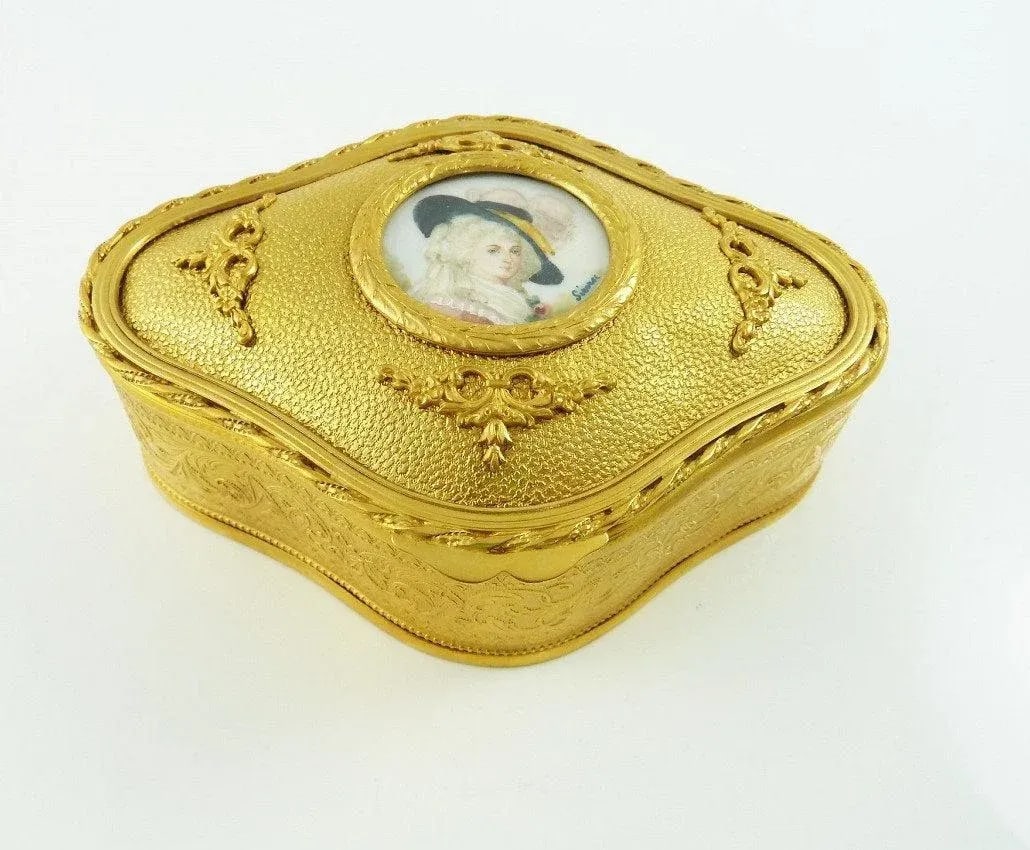 Antique French Dore Bronze Dresser Box With Signed Miniature Portrait / Napoleon III / Serpentine Sh - 9