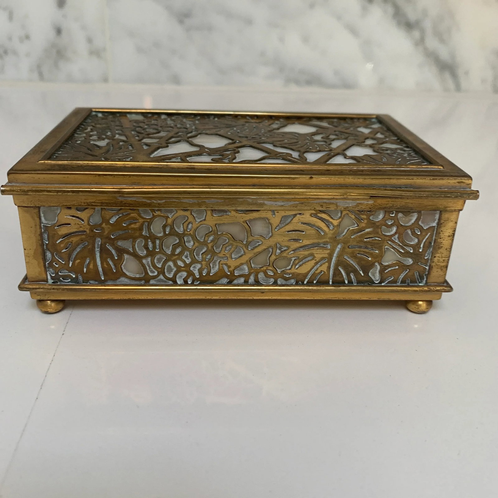 Late 19th Century Tiffany Bronze and Pale Caramel Glass With Grapevine Pattern Art Nouveau Box - 5