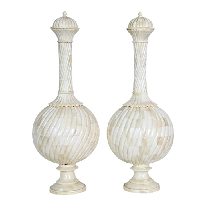 Indian Bone Inlay Mughal Bottles- Set of Two: Add a touch of elegance to your decor with this set of two bone inlay Mughal Bottles from India. Each piece displays a tall, slender neck atop a rounded base, adorned with intricate geometric patterns