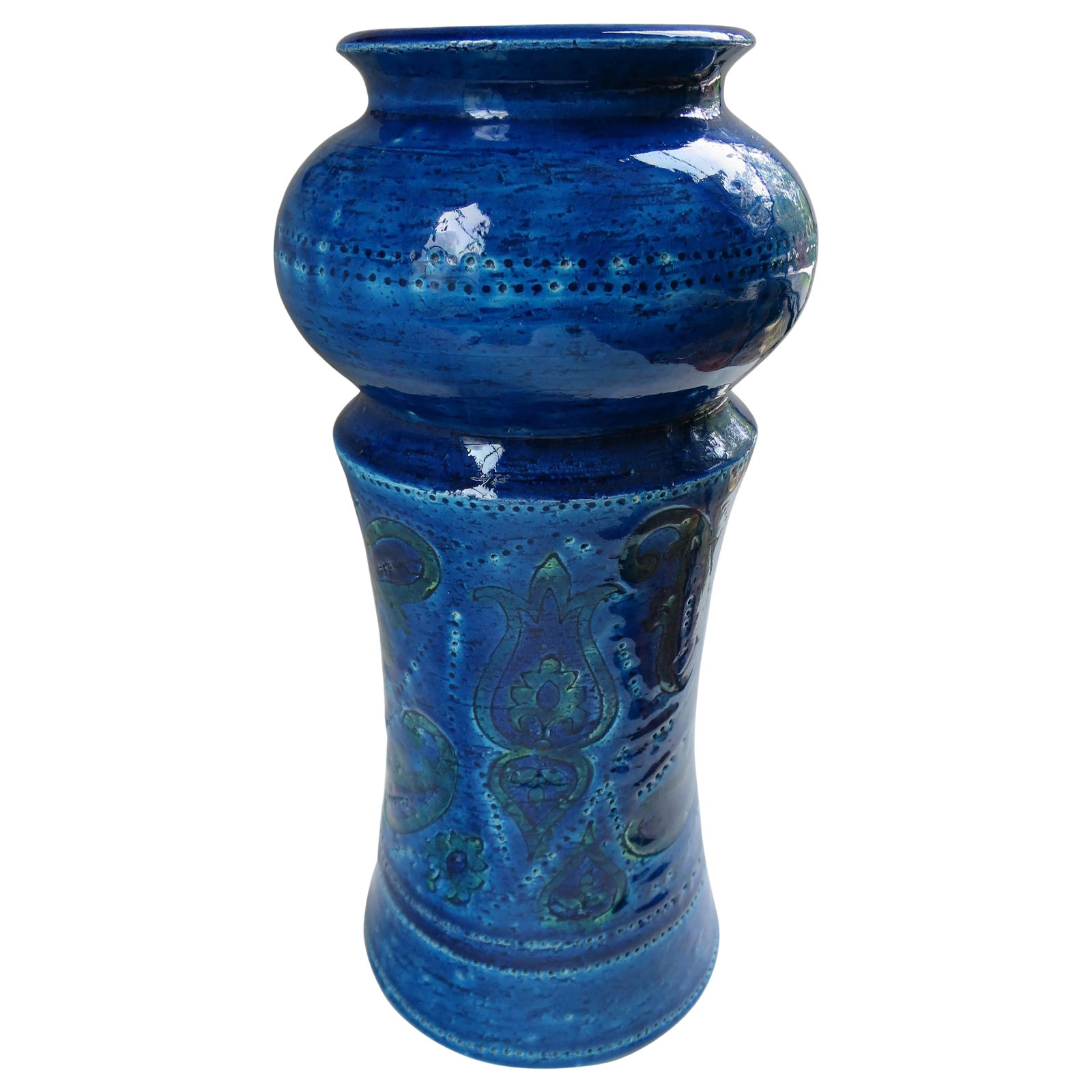 Bitossi Turquoise Vase: Classic turquoise with green accents on the paisley design ceramic vase made by Bitossi in Tally, circa 1960, and imported to the US by Raymor. Not signed. Condition: Alterations: Unknown Imperfection