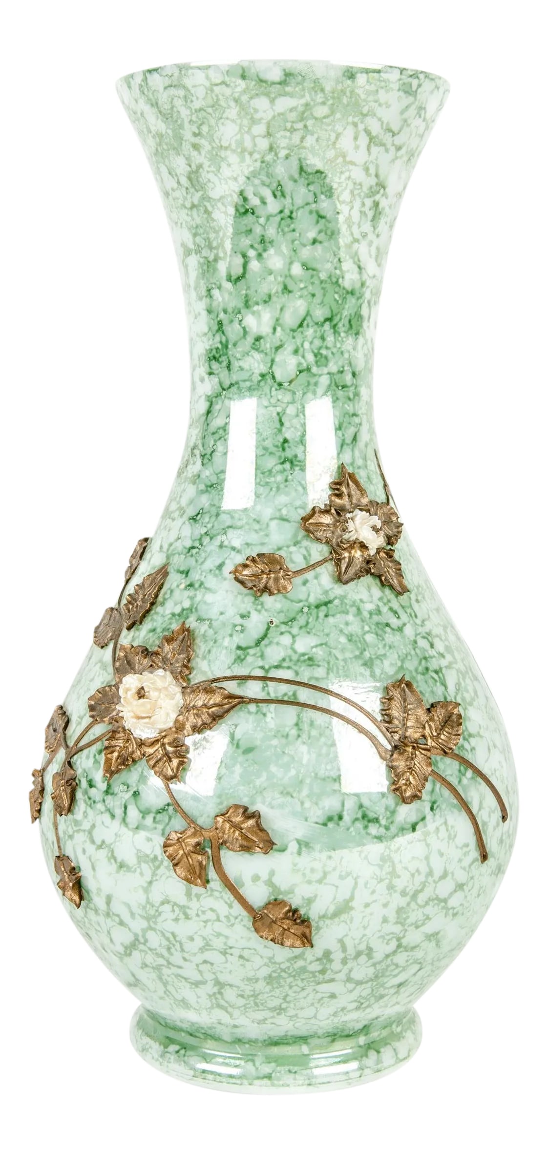 Antique French Art Glass Floral Design Vase: Antique French art glass with inlaid brass flower design vase. This piece is just beautiful and would bring a great addition to any table. The vase measure 13 inches high x 8 inches diameter.
