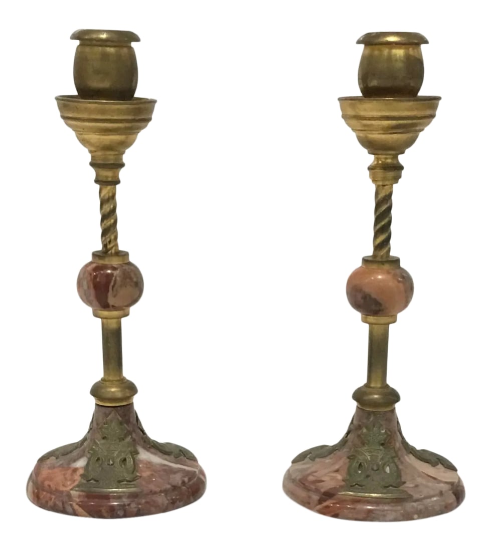 1920s Art Deco Antique Marble and Brass Candlesticks - a Pair: Art Deco Unique Rare Antique Marble and Brass Candlesticks Pair, Circa, 1920's Condition: Alterations: Original Condition Unaltered Imperfections: Some Imperfections Condition Notes: Vintage