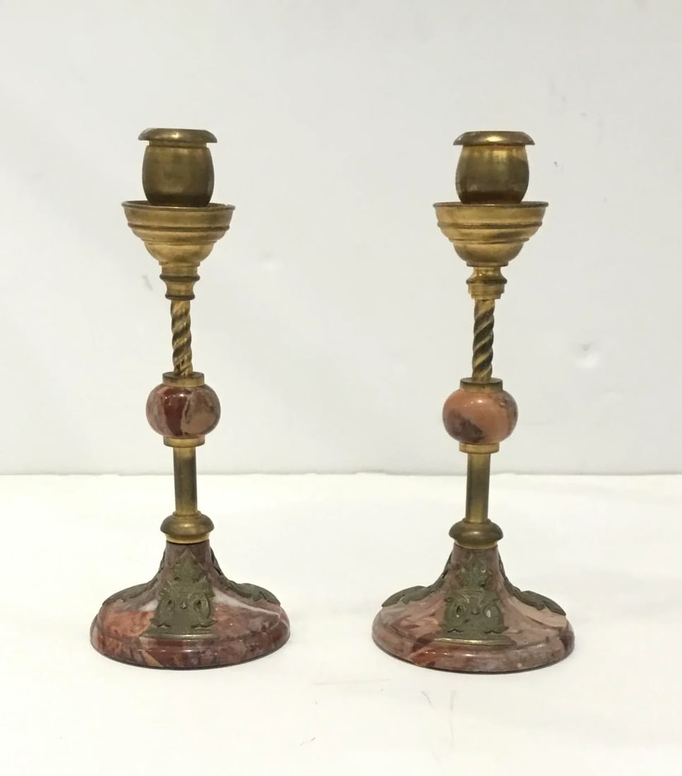 1920s Art Deco Antique Marble and Brass Candlesticks - a Pair - 7