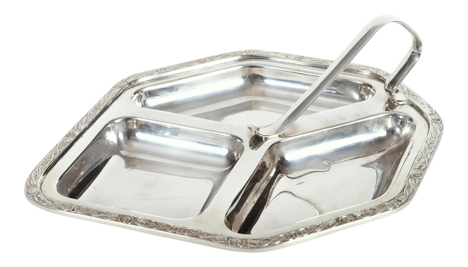 Vintage English Silver Plate Tableware Server: Vintage English silver plated tableware condiment server piece with holder and exterior border design details. The piece is in excellent condition, maker's mark undersigned. The server measure about