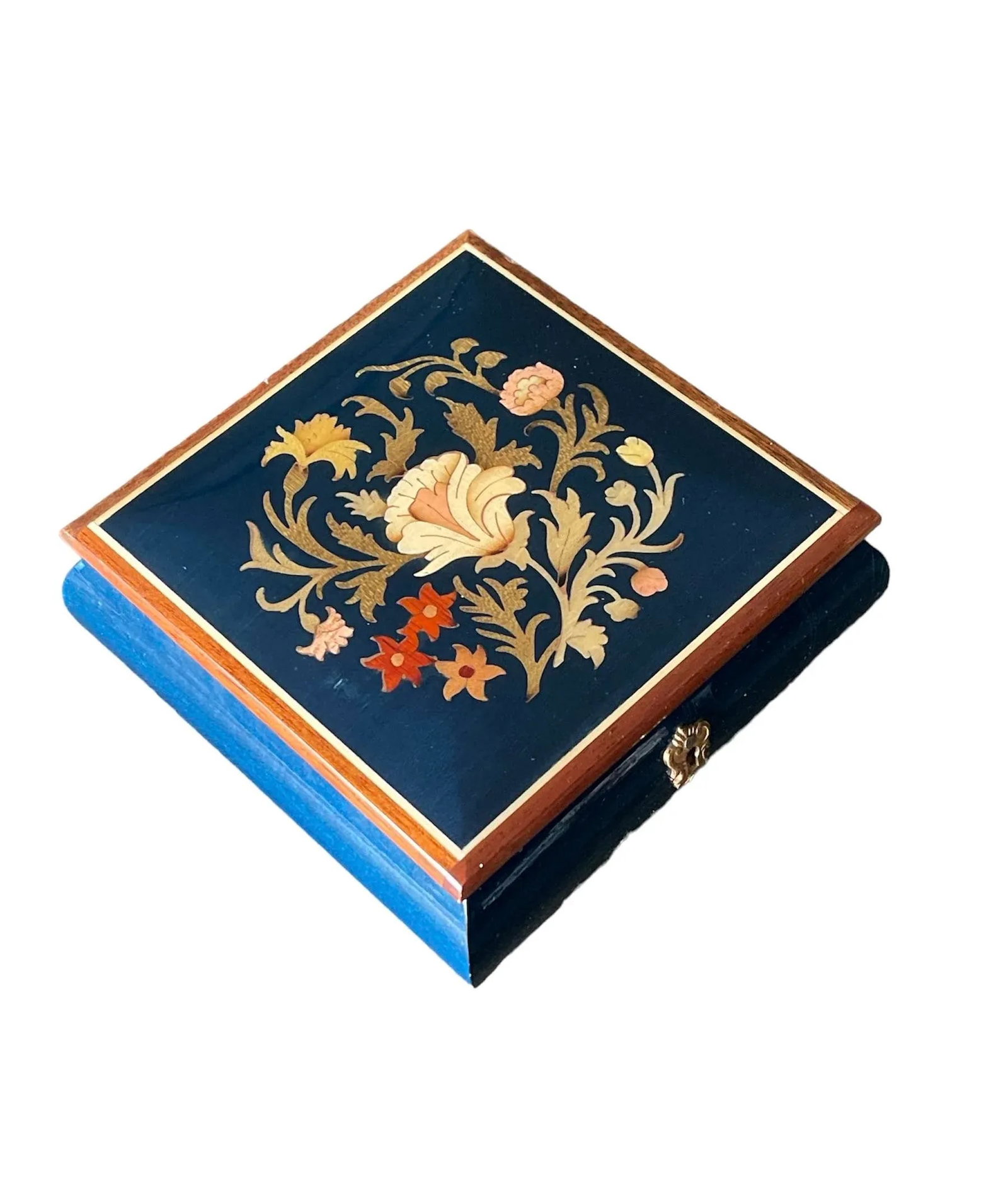 1970s Vintage Dark Blue Italian Wood Inlay Musical Box - 2