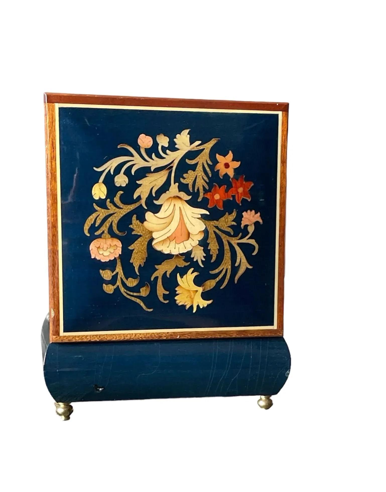 1970s Vintage Dark Blue Italian Wood Inlay Musical Box - 5