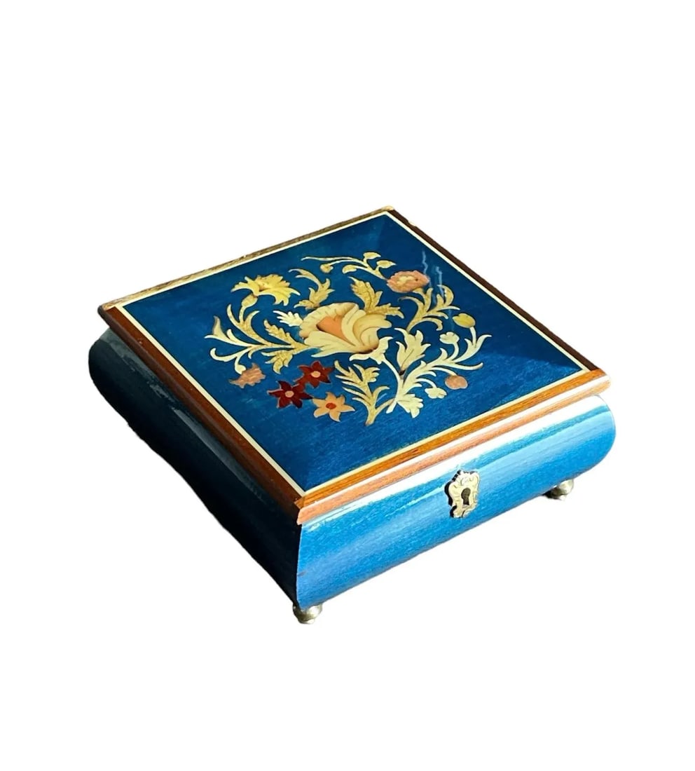 1970s Vintage Dark Blue Italian Wood Inlay Musical Box - 7