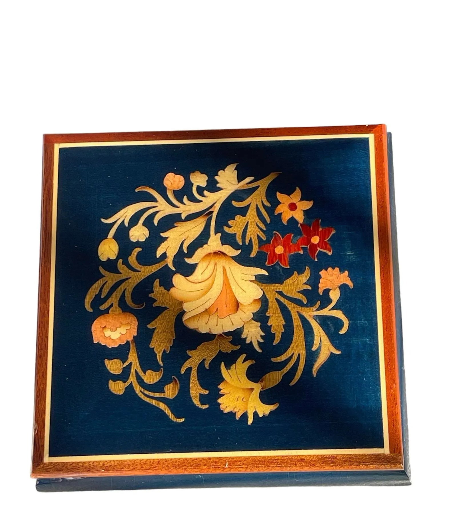1970s Vintage Dark Blue Italian Wood Inlay Musical Box - 8