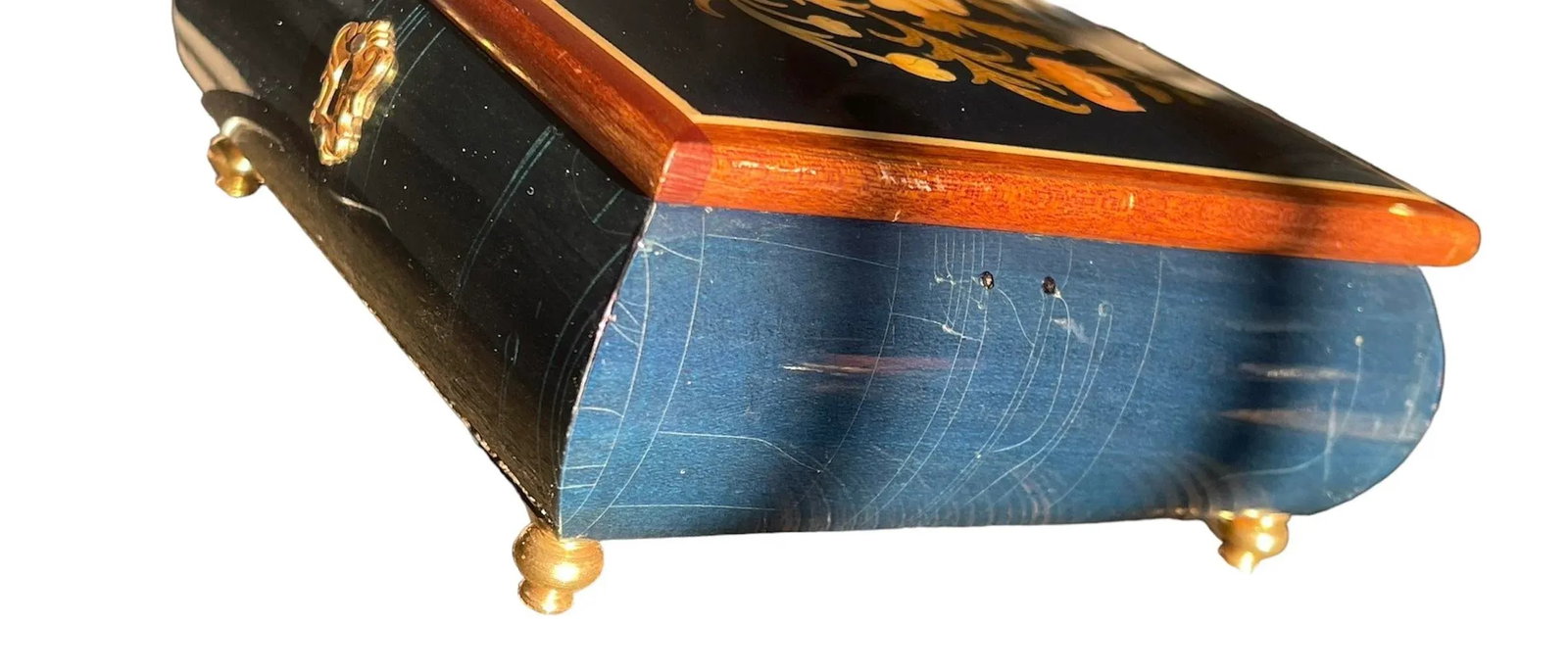 1970s Vintage Dark Blue Italian Wood Inlay Musical Box - 9