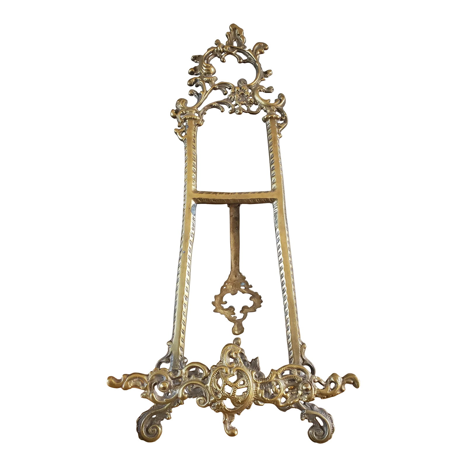 Vintage Ornate Brass Rococo Style Easel for Art or Books: Elegant ornate Rococo style brass easel to display or books. Great for styling and a unique way to display art on a table or shelf. The brass has a lovely patina. Condition: Alterations: Original