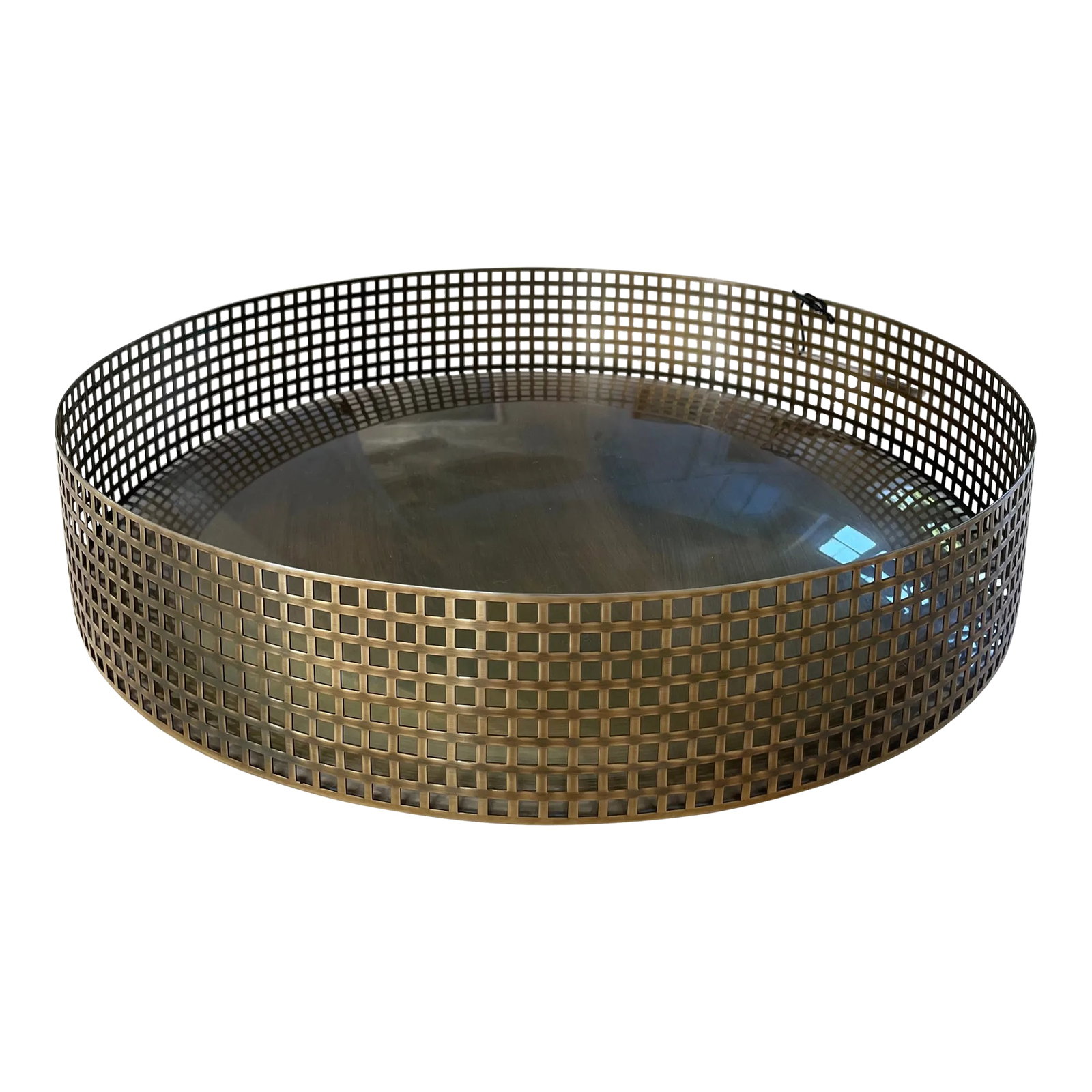 Eichholtz Large Metal Bowl Sterling Tray in Vintage Aged Brass Finish: Brand new in open box. Removed from box to photograph. Vintage brass finish with natural variation. See pics. 16" diameter, 3" high. Retail price is $535 plus tax and shipping. Condition: