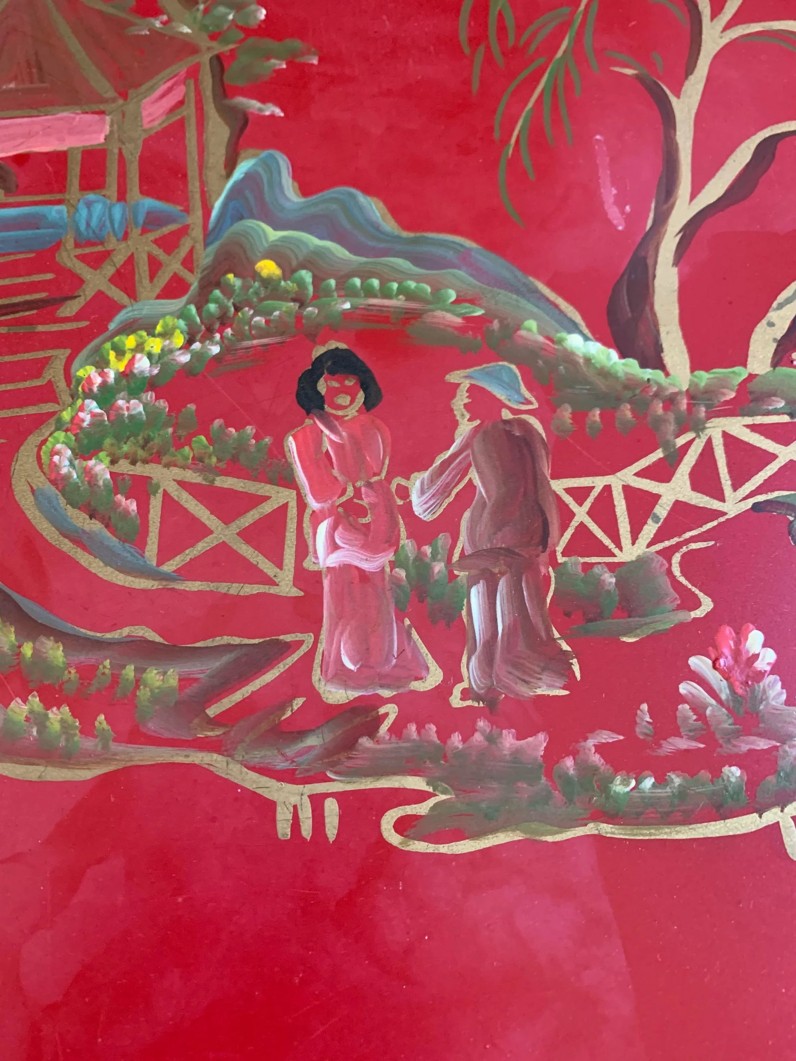 Vintage Red Hand Painted Chinoiserie Tole Tray - 10