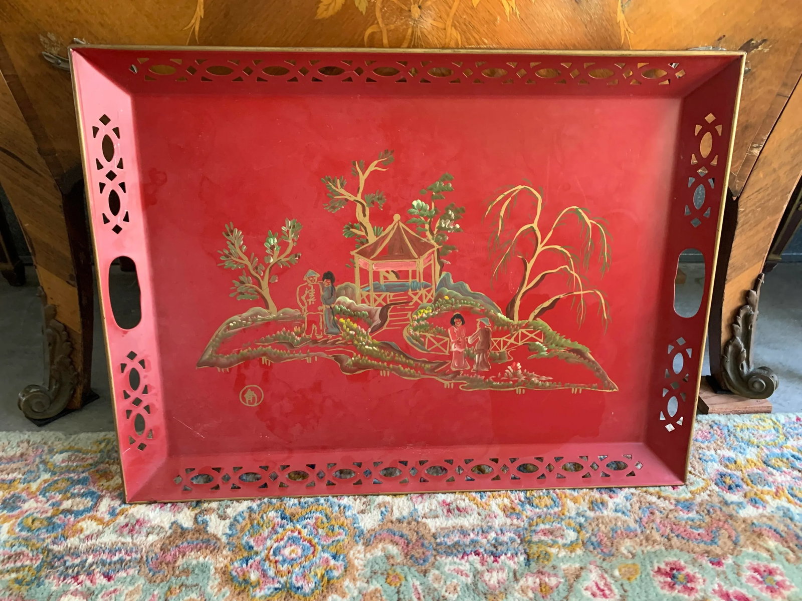 Vintage Red Hand Painted Chinoiserie Tole Tray - 12