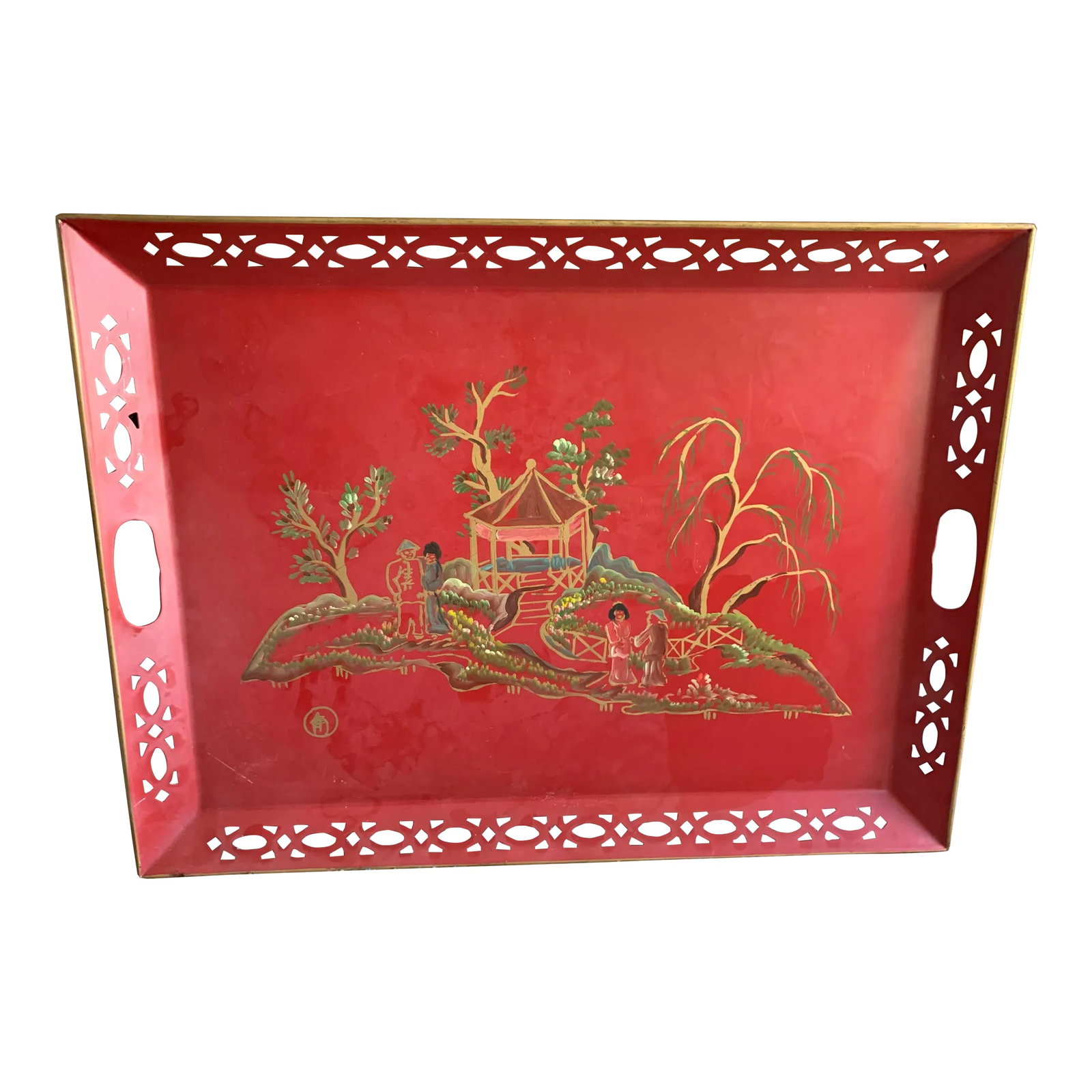 Vintage Red Hand Painted Chinoiserie Tole Tray: Here we have a beautiful vintage Chinoiserie hand painted tole tray. A charming Asian scene with lovers in a pagoda landscape. Very minimal damage and fading of fabulous colors. Reticulated sides