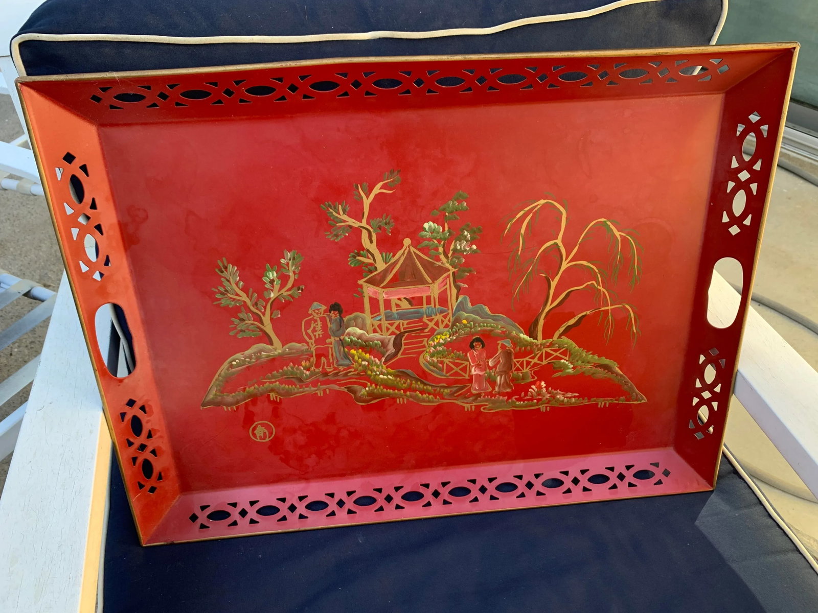 Vintage Red Hand Painted Chinoiserie Tole Tray - 2