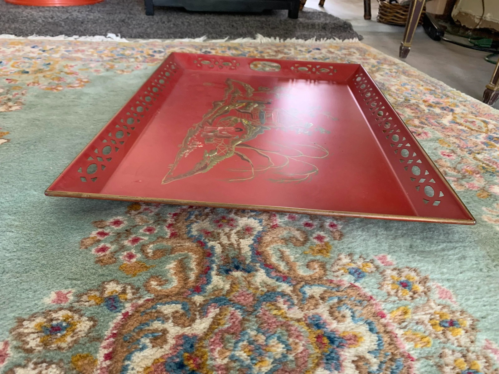 Vintage Red Hand Painted Chinoiserie Tole Tray - 3