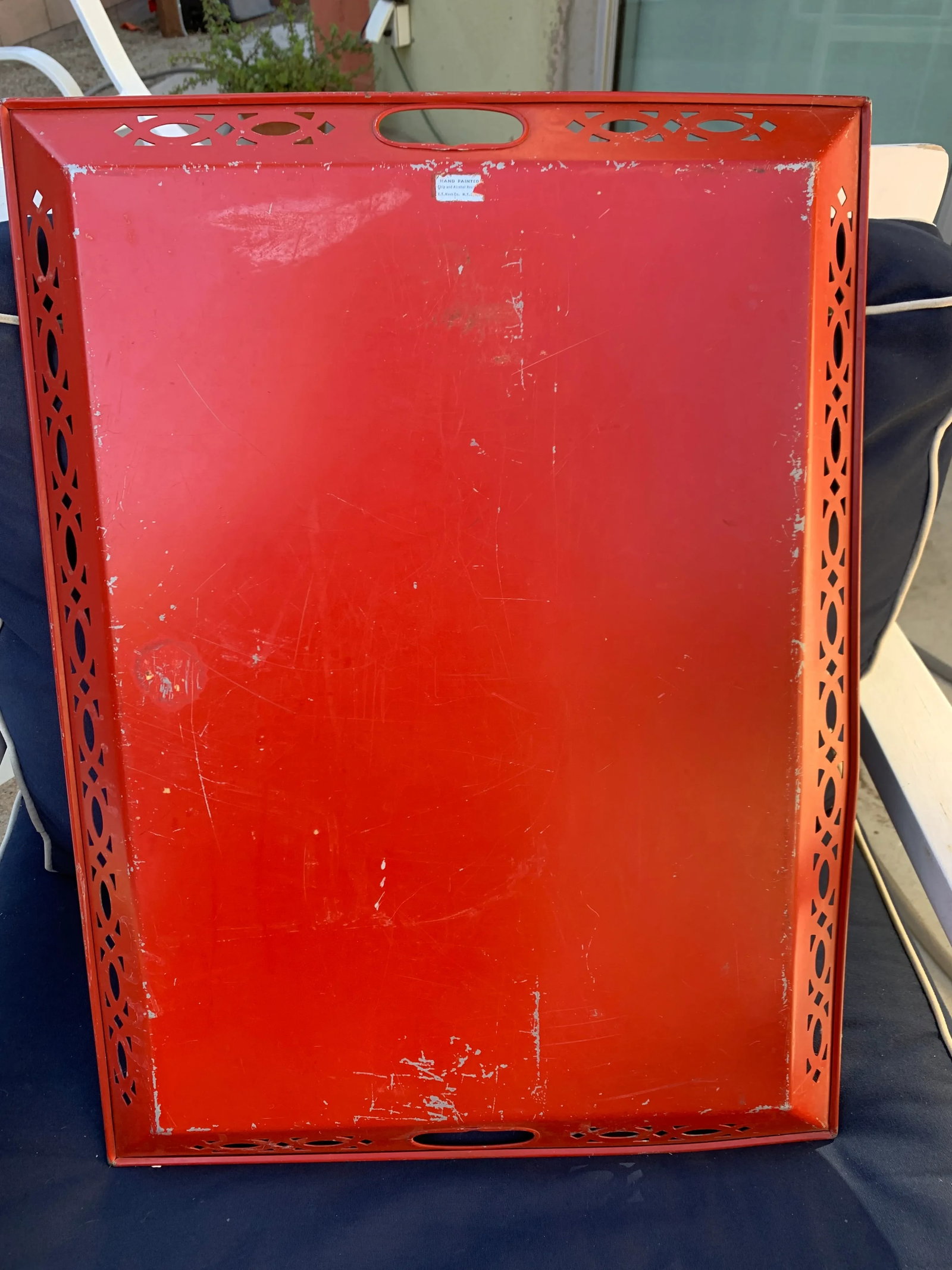 Vintage Red Hand Painted Chinoiserie Tole Tray - 4
