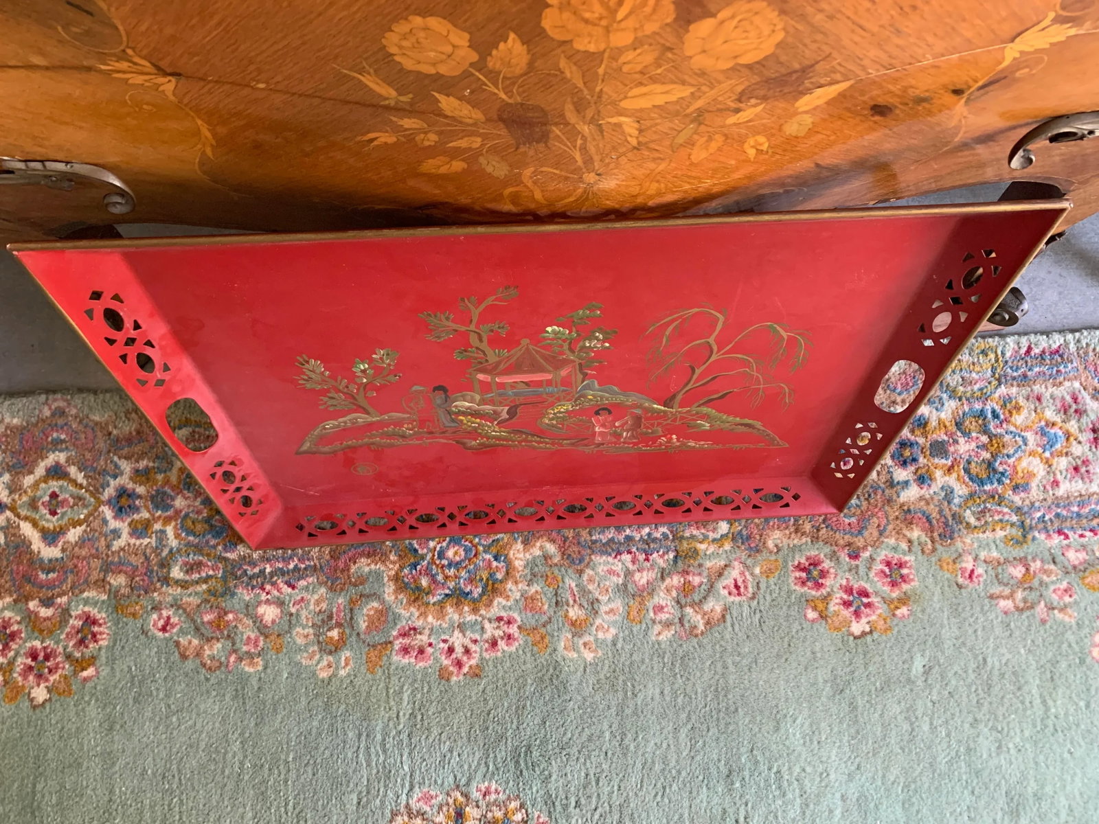 Vintage Red Hand Painted Chinoiserie Tole Tray - 6