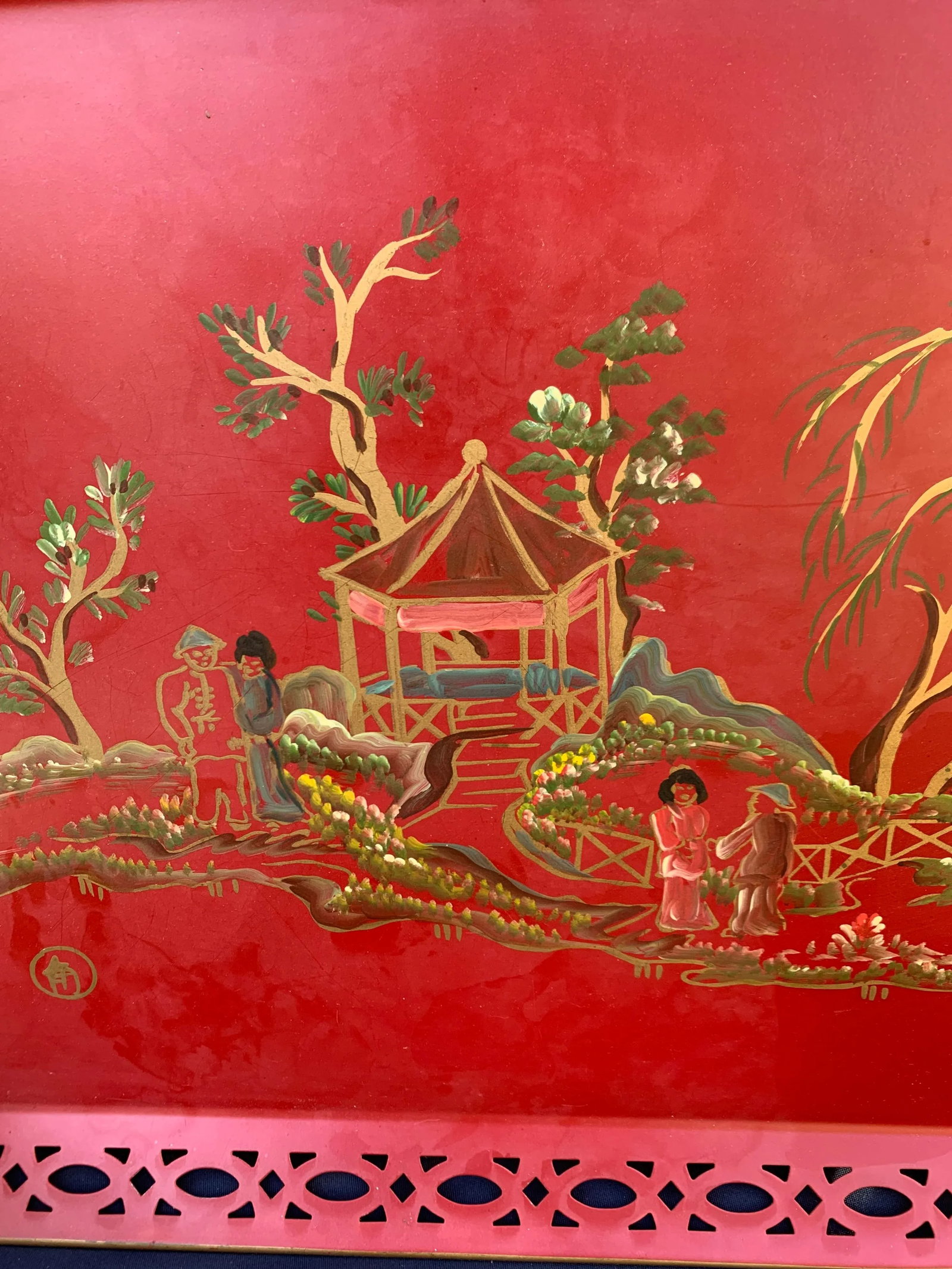 Vintage Red Hand Painted Chinoiserie Tole Tray - 8