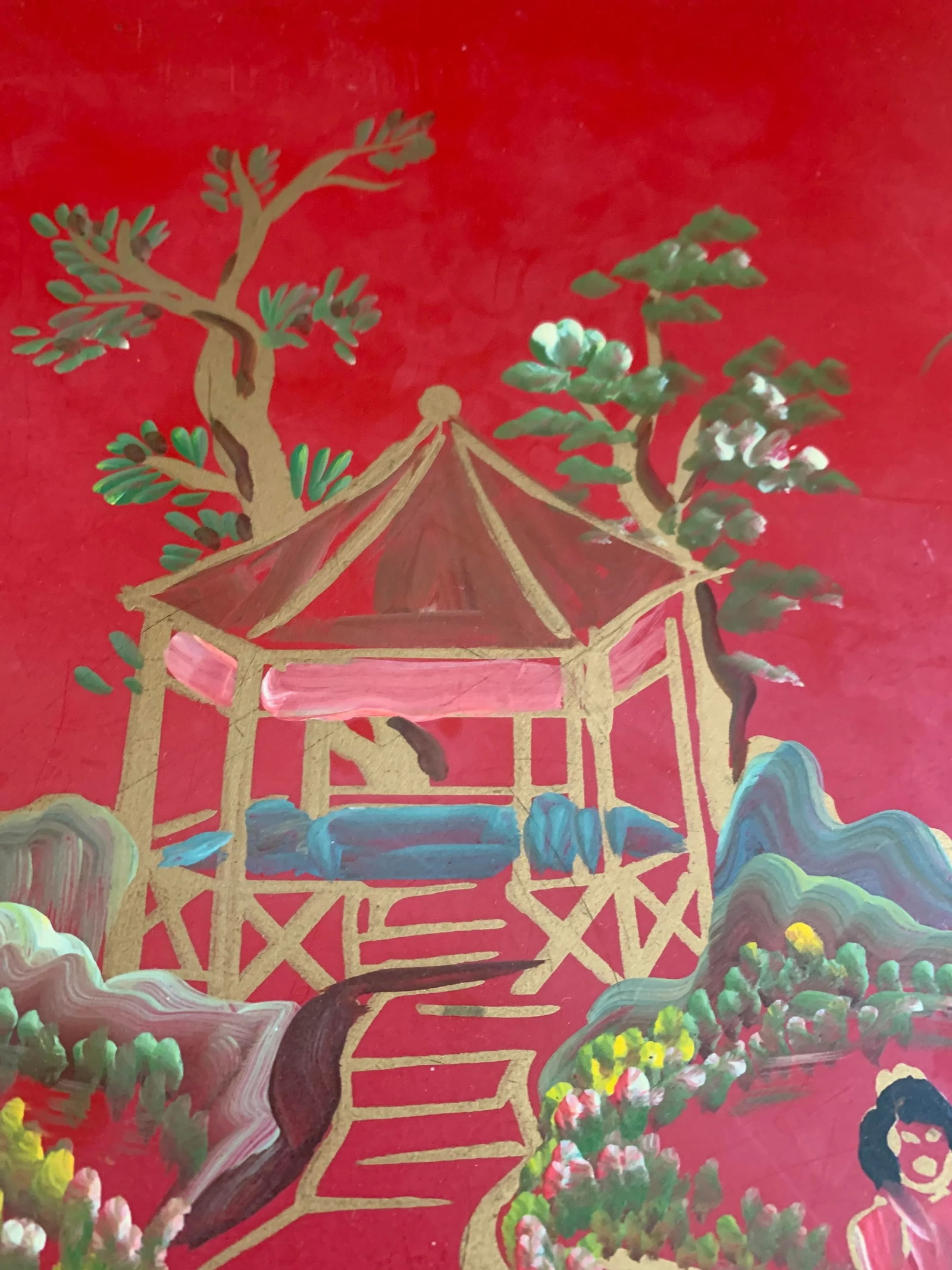 Vintage Red Hand Painted Chinoiserie Tole Tray - 9