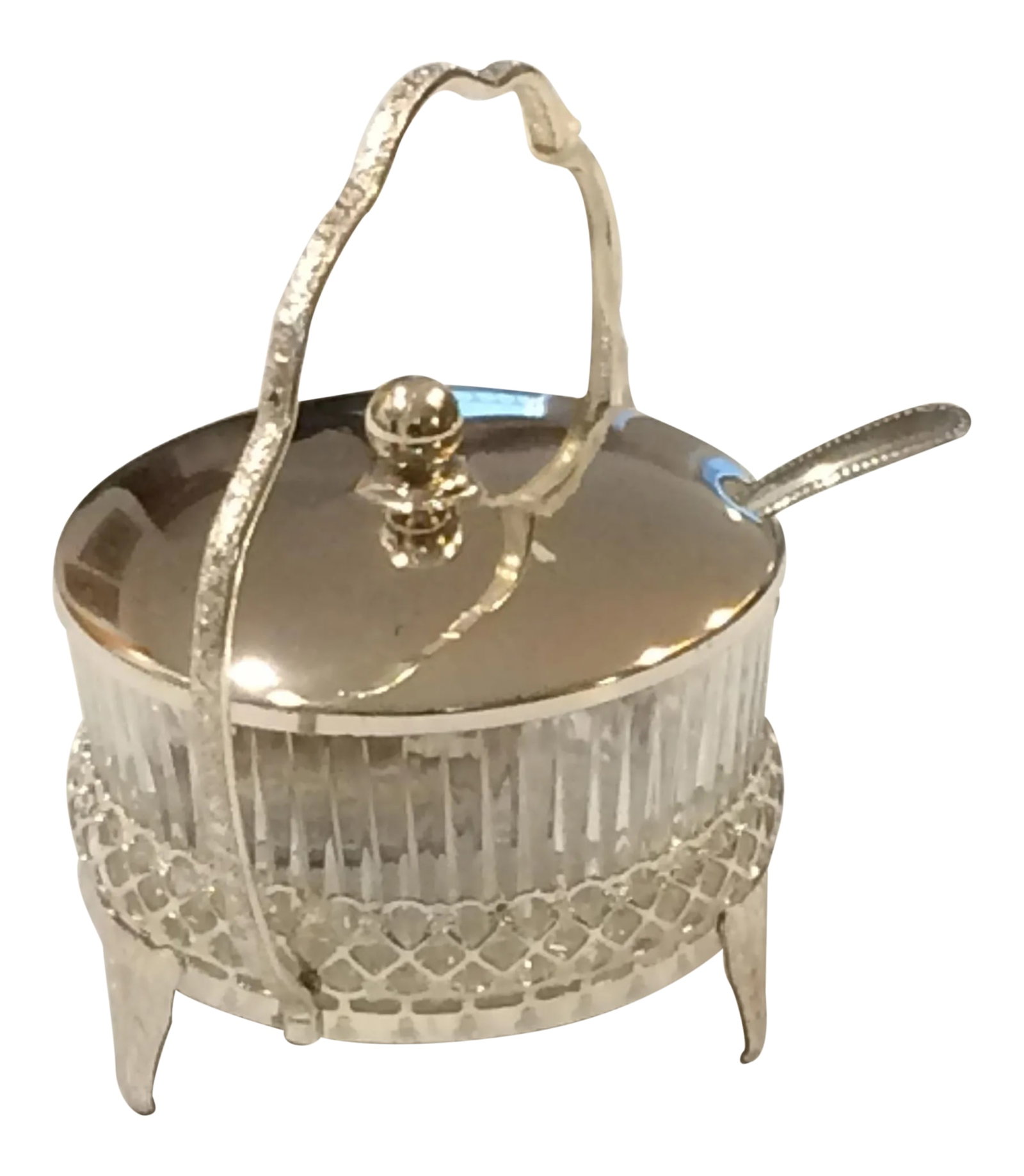 Vintage Mayell & Co Queen Anne Silver Plated Tableware Glass Bowl Caddy With Spoon and Original Box: Vintage Queen Anne silver plated tableware glass dish, sugar jam jelly bowl caddy with spoon. A Mayell product, made in England in original box with a beautiful glass insert bowl for sugar, jam,